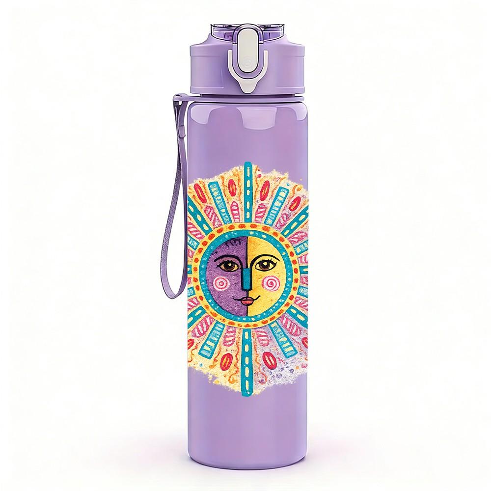 1PC Bohemian Sun Totem Ethnic Art Print 750ml Color Plastic Sports Water Bottle Leakproof Flip Straw Lid Suitable for Sports Office Home Use