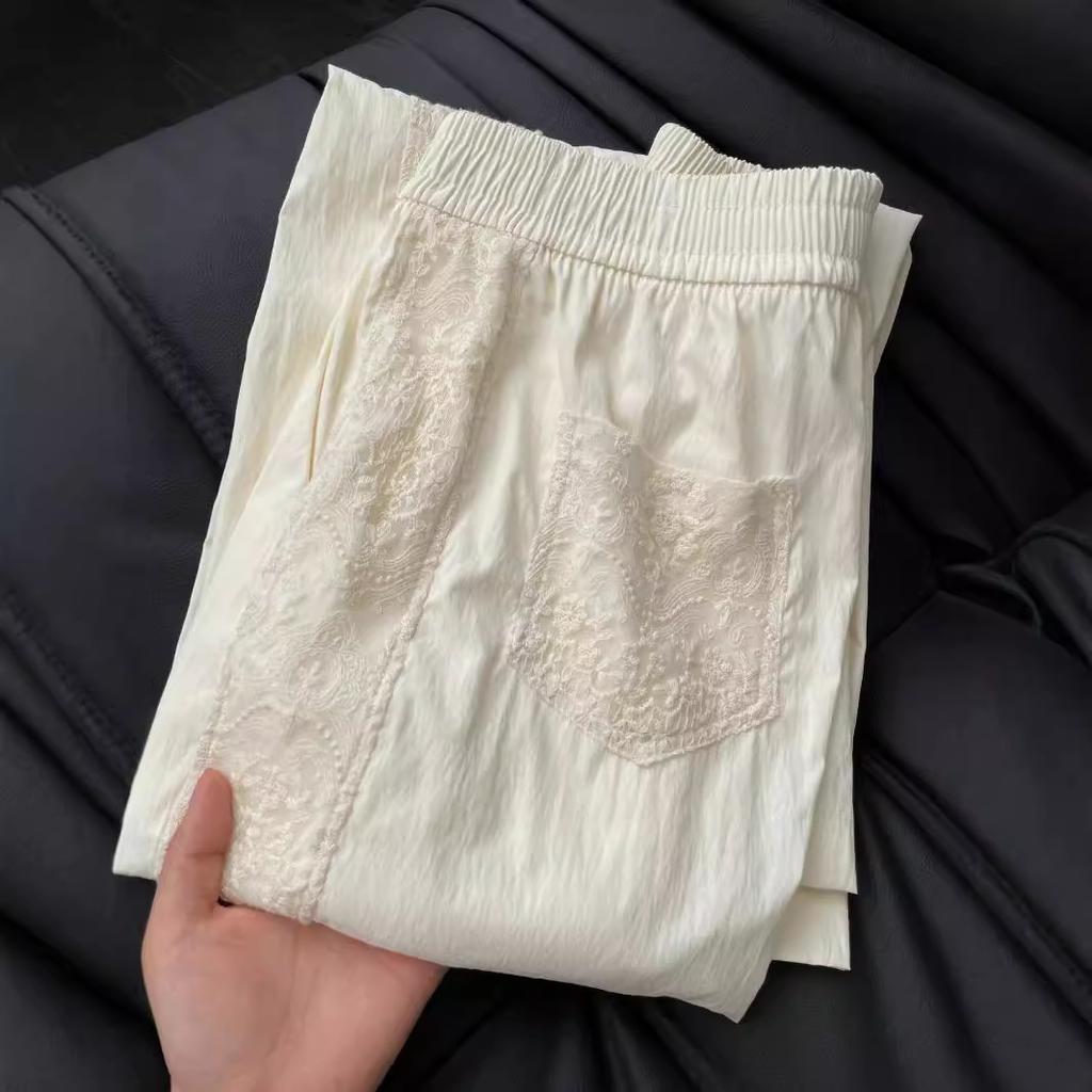 Lace Patchwork Sweet Pants Women Casual Korean High Waist Fashion Straight Trousers Loose Chic Female Summer Design Pants