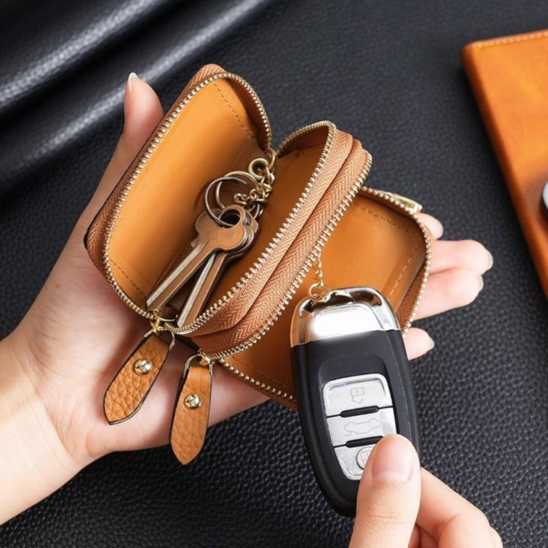 Leather Car Key Fob Case Cover Keychain Zipper Bag Protector Double Layer Pouch