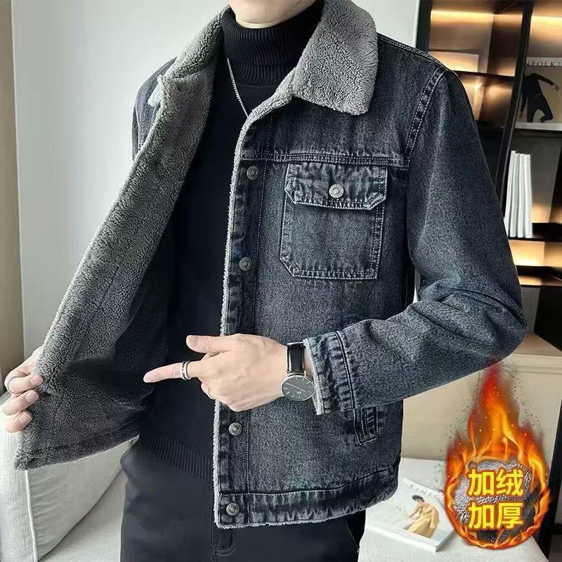 Men's Denim Jacket with Fleece Men's New Slim-fitting Lapel Casual Jacket Thick