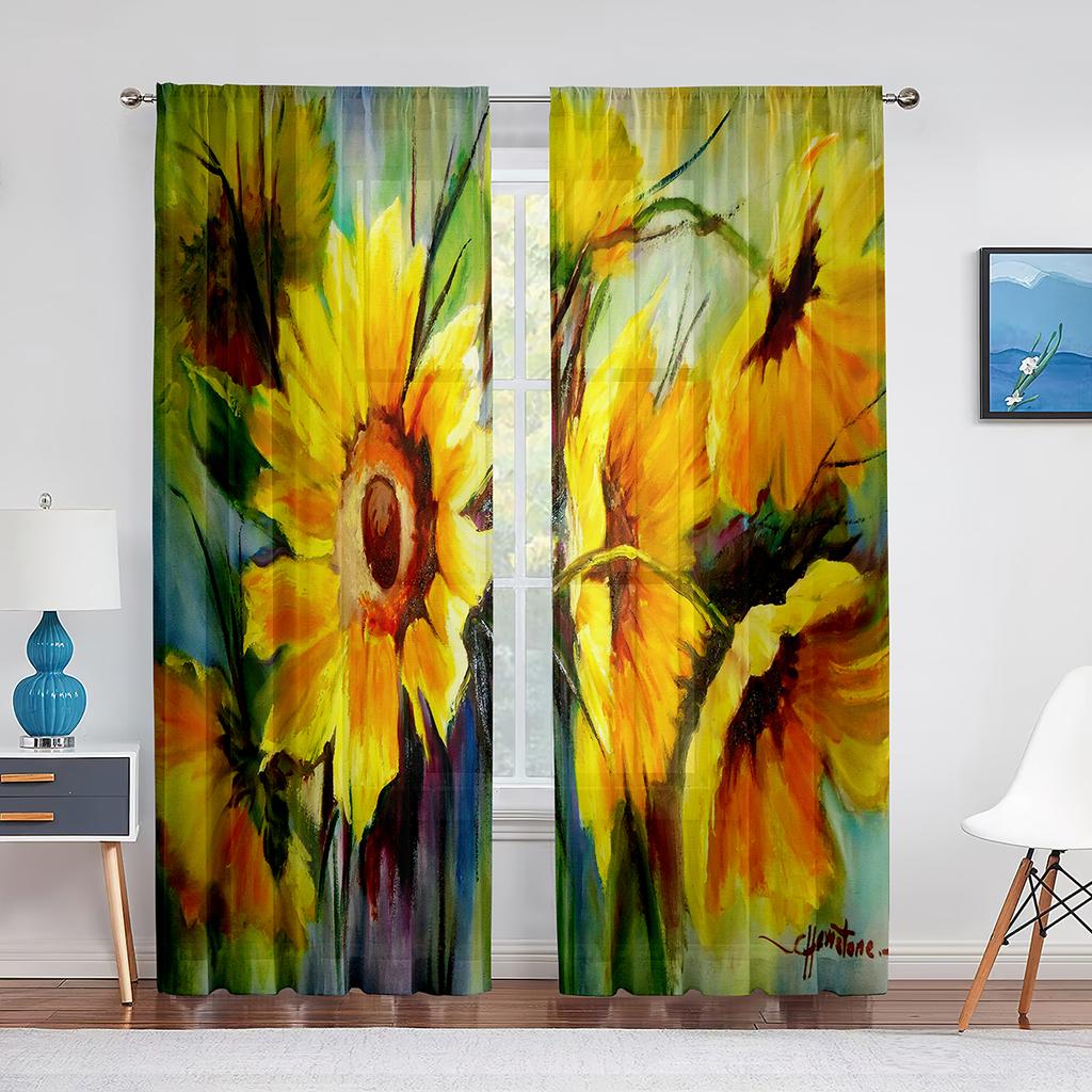 Sonnenblume Transparenter Voile Vorhang Ölgemälde Kunst Thema Bedruckte Chiffon Tüll Vorhänge für Wohnzimmer Schlafzimmer Küchendekoration