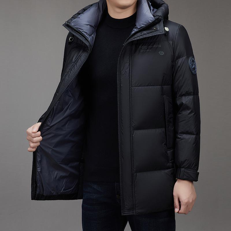 Men's Hooded Winter Puffer Jacket - Mid-Length, Warm, Loose Fit, 90% White Duck Down