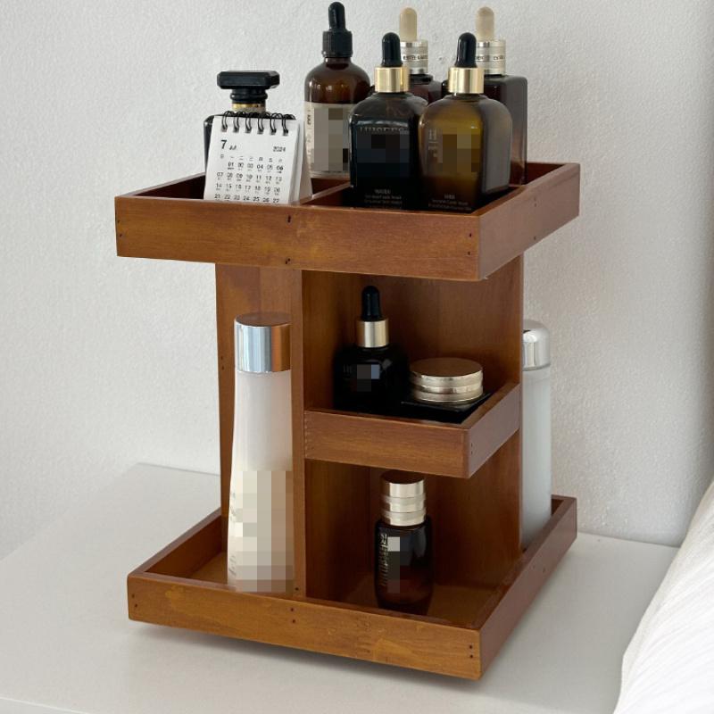 360 Rotating Wooden Makeup Organizer Large Japanese Style Cosmetic Storage Box for Desktop