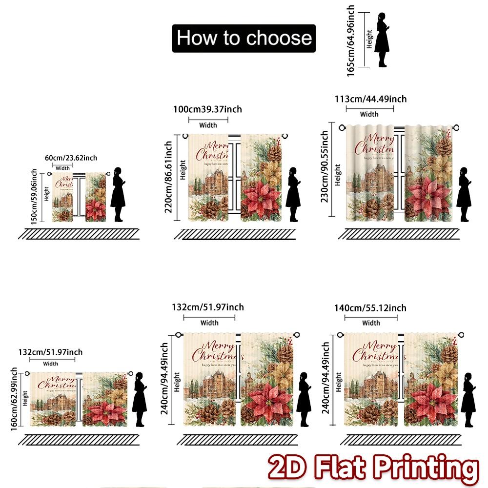 2pcs, 2D FLAT PRINTING Curtains (Without Rod) WinterCastleJoy Christmas Holiday Curtains with Digital Printing Polyester