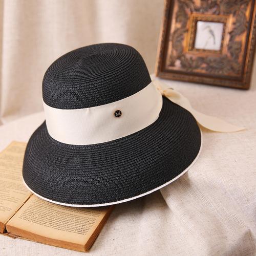 Hepburn Bow Ribbon Sun Hat Women'S Straw Hat Bucket Hat Color Sunscreen Sun Hat Beach Hat
