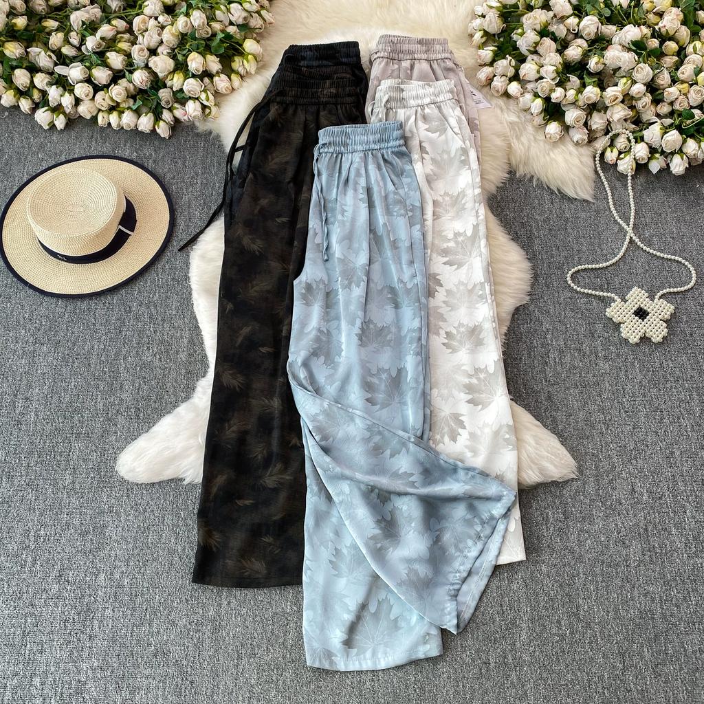 High Quality Ink-wash Acetate Satin Tie-Dye Rayon Wide-Leg Pants for Women Summer High-Waisted Slimming Loose-Fit Trousers