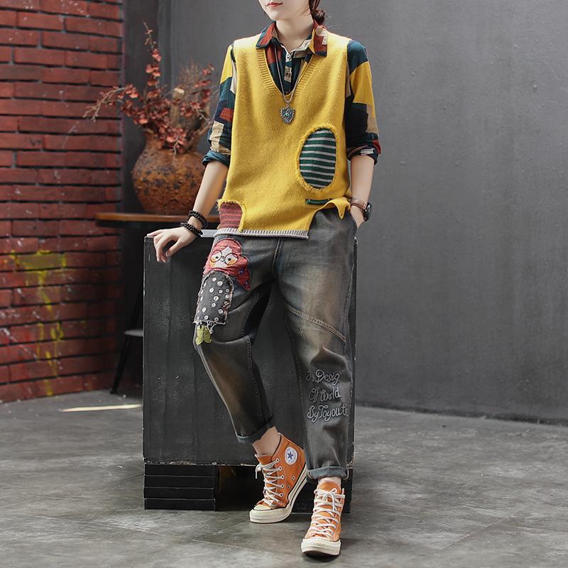 Autumn Winter Women's Loose Knitted Vest Sleeveless Vest Literary Color-block V-neck Pullover Knit Waistcoat