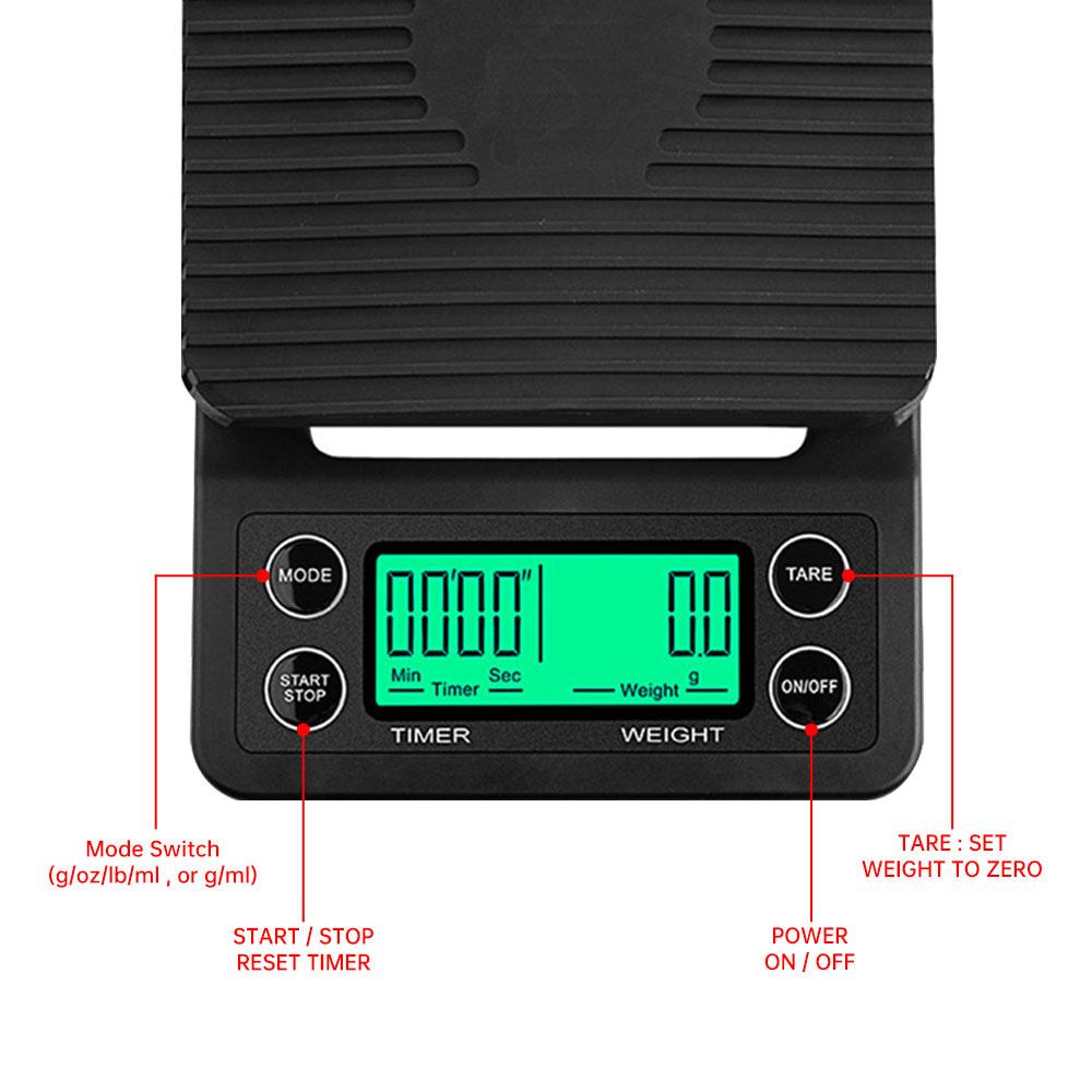 3000g/0.1g Kitchen Electronic Scale with Timer Anti-slip Tray LCD Digital Coffee Balance Scale High Precision Measuring Tool