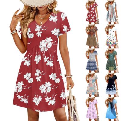 Modisches Damenkleid mit Print, V-Ausschnitt, kurzärmelig, locker, lässig, für den Strandurlaub