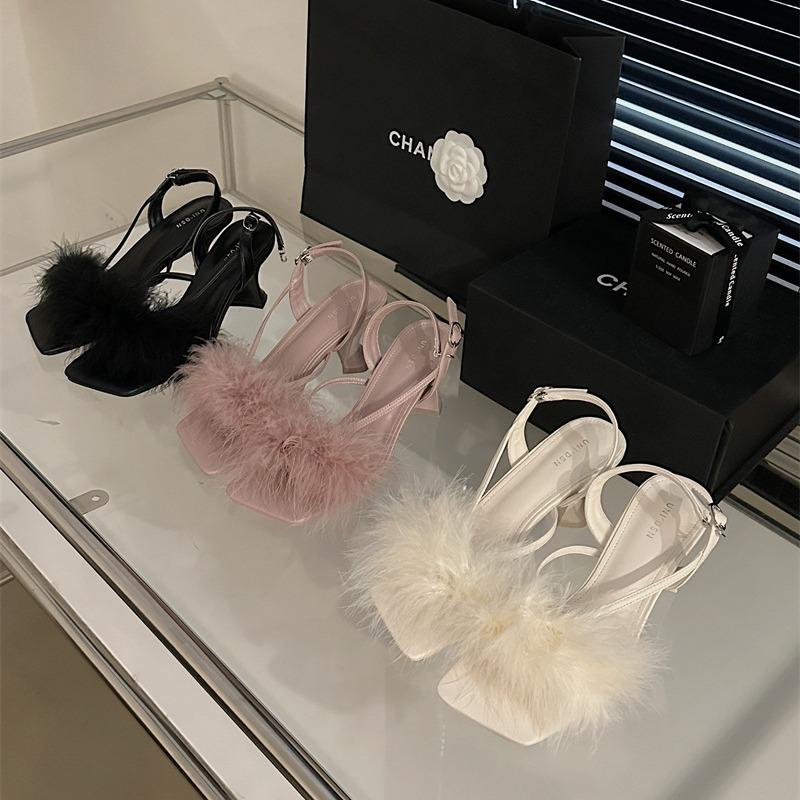 Square Head Thick Heel High Heels Fairy Summer Wear 2025 New Thin Heel Buckle with Mezzanine Toe Feather Sandals