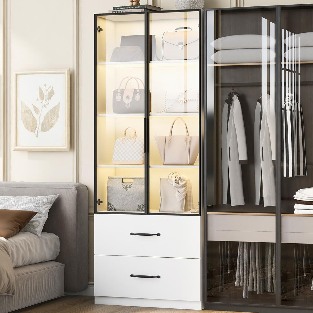 LED Display Cabinet 60×40×160 cm with Drawers, Aluminum Frame, Tempered Glass Doors and Soft-Closing Hinges, Multicolor LED