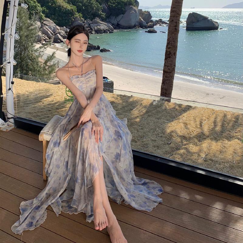 Women's Summer Floral Hanging Neck Waisted Backless Sleeveless Big Swing Loose Dresses