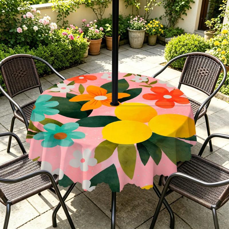 Outdoor Round Tablecloth With Umbrella Hole Waterproof Oil Resistant Floral Leaf Patio Garden Deck