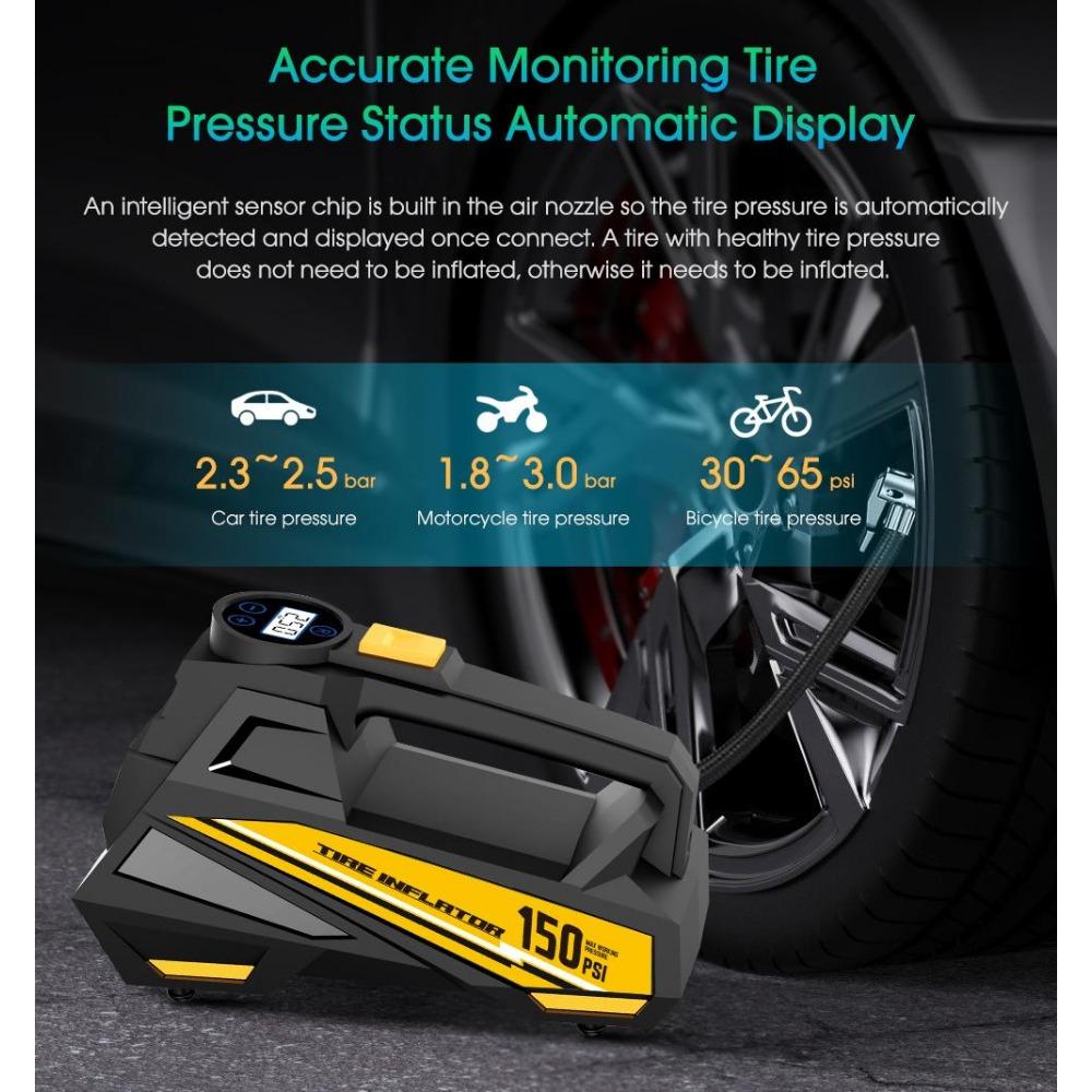 Przenośna pompka do opon 150 PSI ze światłem LED - Cyfrowa pompa kompresora powietrza do samochodu, motocykla, roweru - Półautomatyczna, trwały materiał ABS