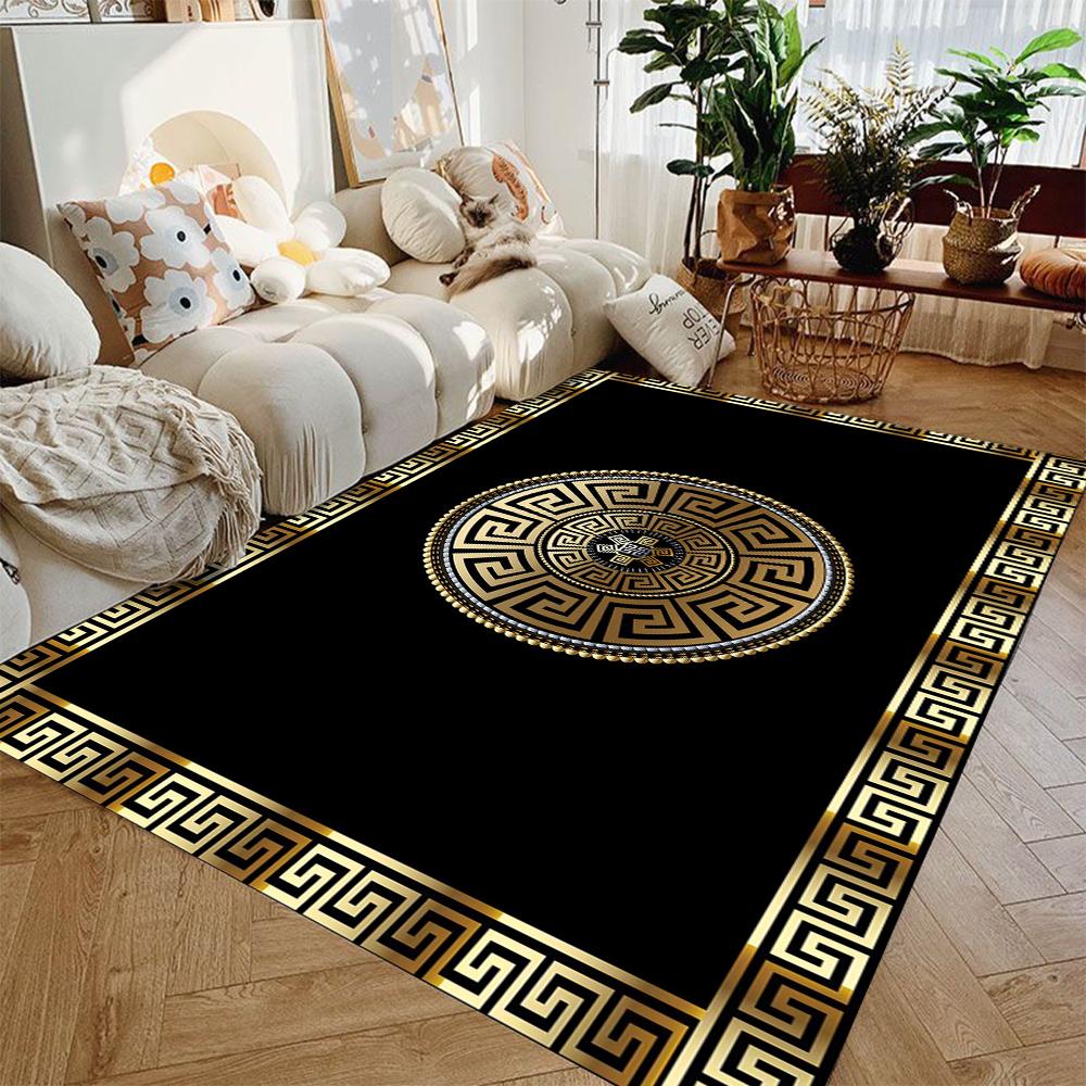 Exquisite Golden Greek Pattern Design Area Rug with Gold Accents Modern Carpet for Living Room Floor Mat Stylish Home Decor Rug