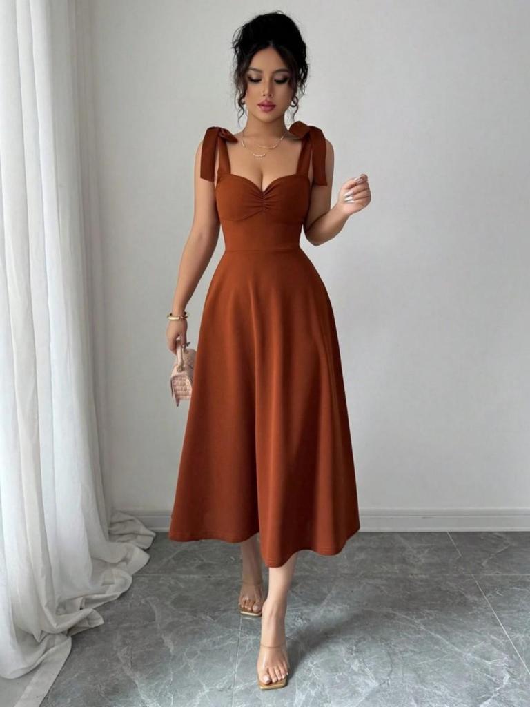 European Spring/Summer Solid Color Waist-cinching Elegant Long Dress