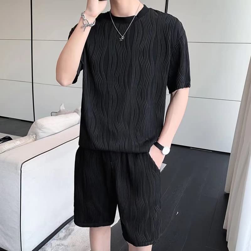 Sommar Kortärm Lös Stilfull Jerseytopp och Kompatibel med Enfärgad Bekväm och Unisex Svart Storlek 2XL [FJLTDCP] Herr T-shirt Set, Passform,