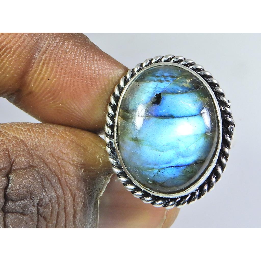 Natural Blue Labradorite Gemstone 925 Solid Sterling Silver Ring Size US-8 PG-254