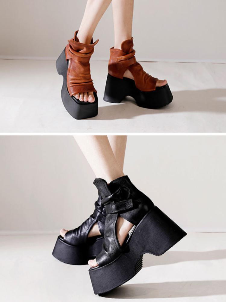 Johnature Vintage Thick Sole Sandals Boots Women Peep Toe Genuine Leather Comfort Heightening Platform Shoes