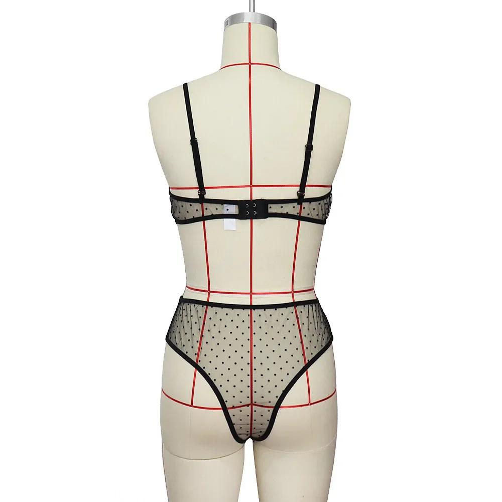 New Three-point Womens Lingerie Set Mesh Sling Sexy Suit High Waist Polka Dot Perspective Underwear Sexy Lingerie Babydoll