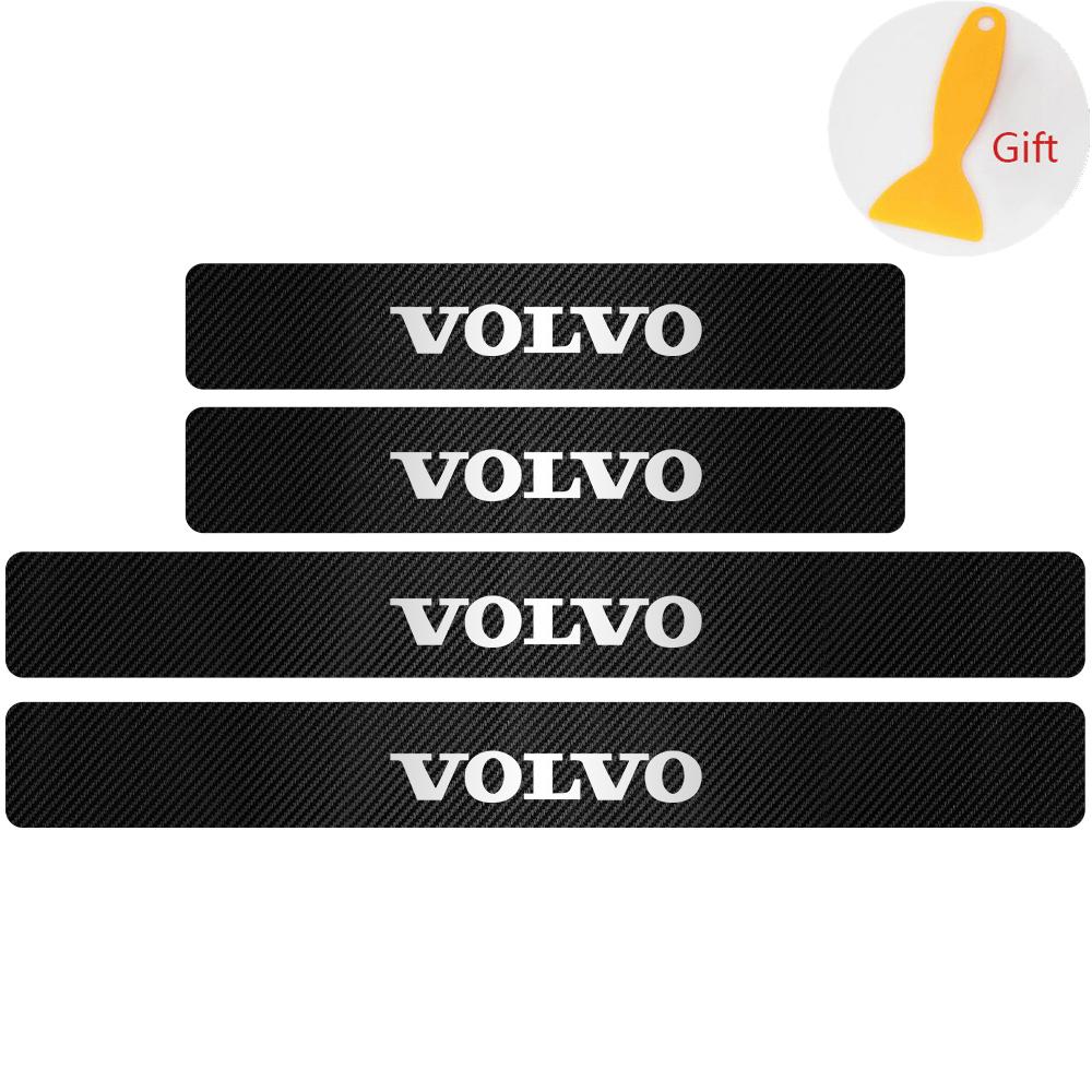 4PC Carbon Fiber Car Door Sill Stickers Auto Emblem Protective Decoration For Volvo RDESIGN T6 AWD XC60 S80 S60L V40 V60 AWD V90