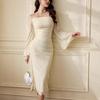 2025 New Autumn Style One-line Neckline Lace Trumpet Sleeves Earrings Slim Long Dress