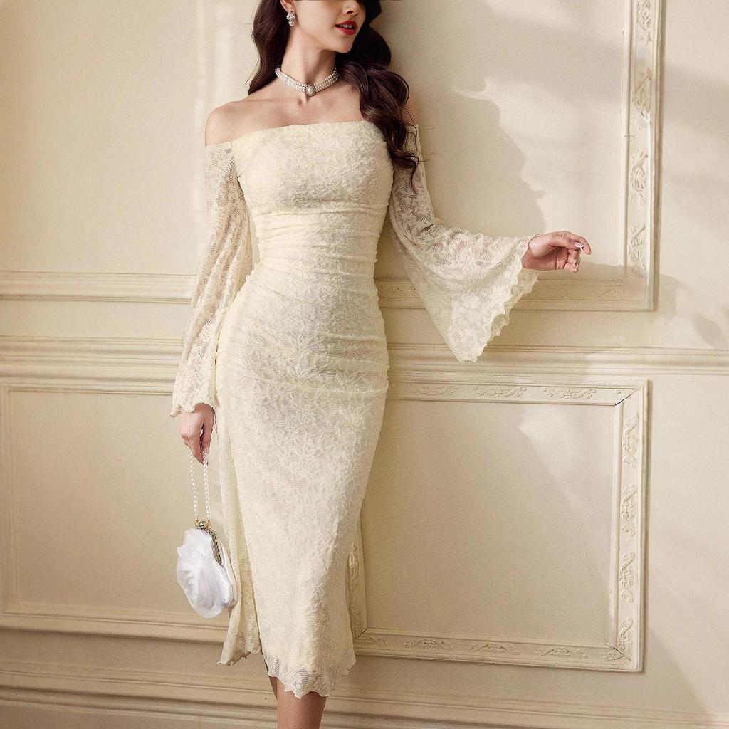 2025 New Autumn Style One-line Neckline Lace Trumpet Sleeves Earrings Slim Long Dress