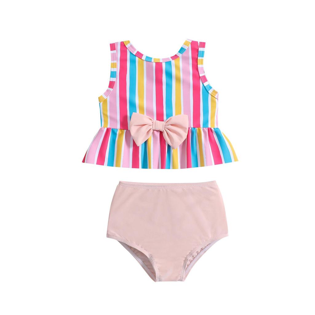 Girls' Colorful Striped Two-Piece Swimsuit Set