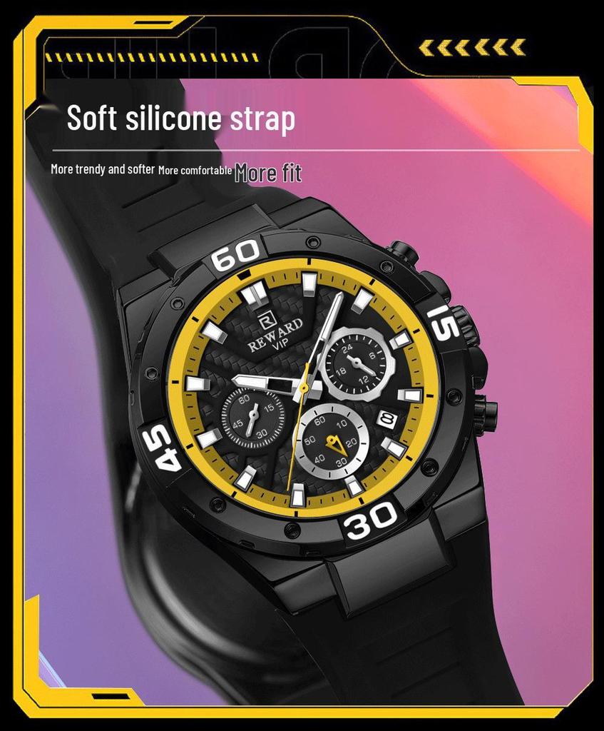 Reward Fashion Multifunctional Quartz Sports Watch: Waterproof, Luminous, Silicone Strap, Three-Eye, Six-Hand Design for Men.