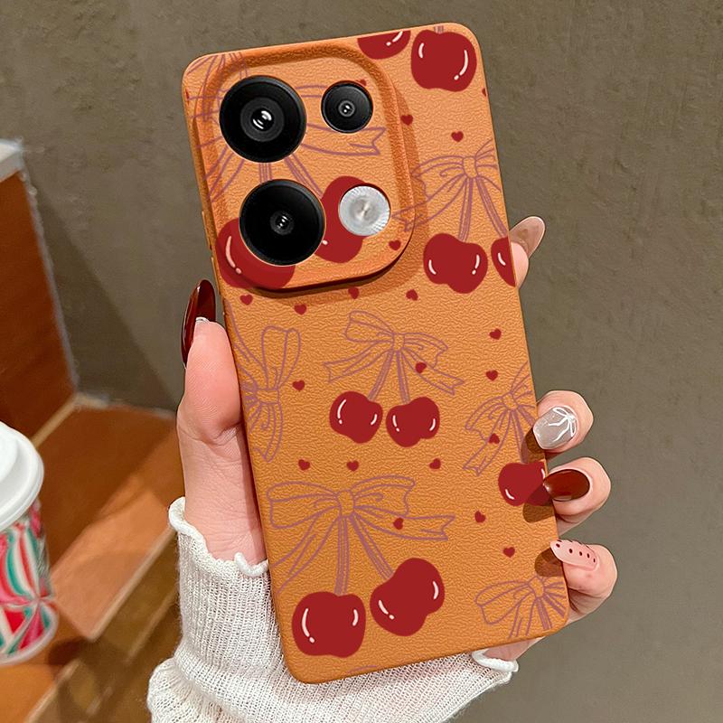 Cherry Bowknot Print Slim Soft Phone Case For Xiaomi 13T Pro Poco X7 X6 M6 Redmi 13C Note 14 13 Pro 12 11 Matte TPU Leather Texture Shockproof Cover