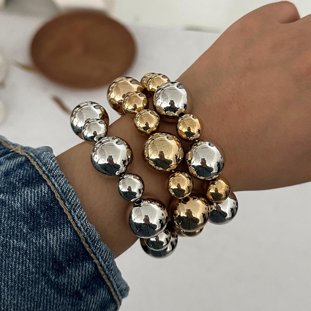 SHIXIN 3Pcs/Set Trendy Gold Color Silver Color Plastics Beads Chain Bracelets for Women Hip Hop Elastic Rope Big Ball Bangles