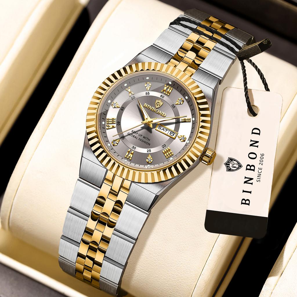 BINBOND Precise Quartz Watches For Men Week Display Auto Date Stainless Steel Luminous Waterproof Men's Watch Luxury Reloj