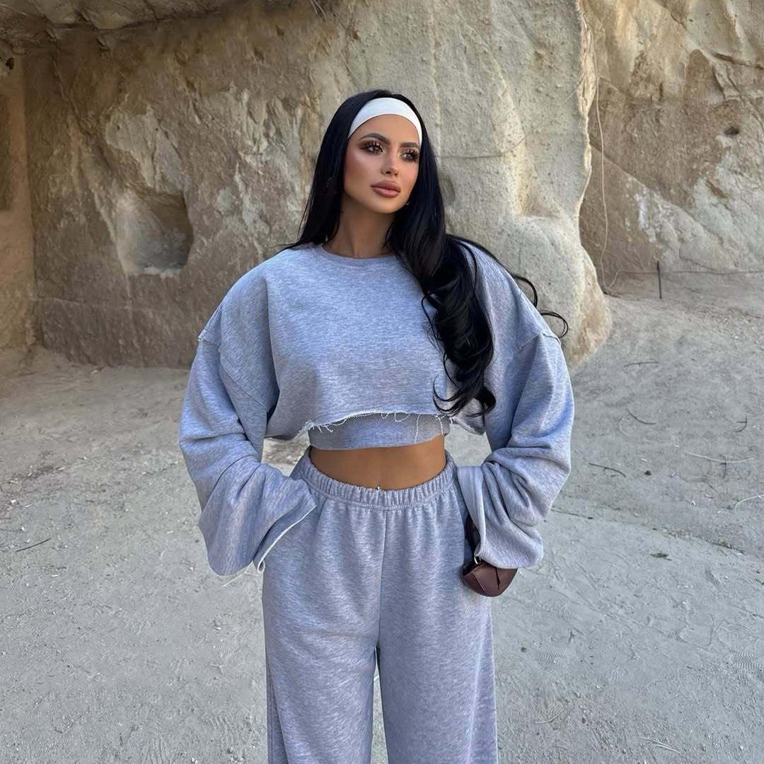 

2026 Spring Casual Cut-out Solid Color Cropped Set - Long Sleeve Top & Pants for Women XXL хизер серый