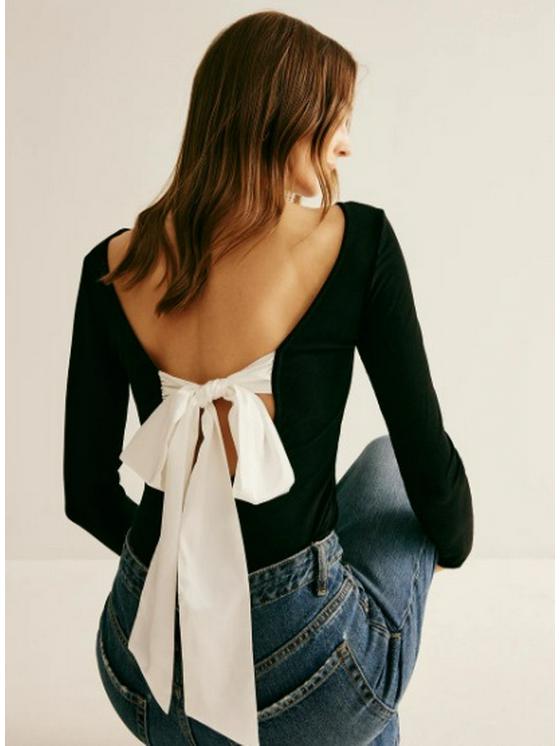 Autumn/Winter Off-Shoulder Bow Tie Long-Sleeve Sexy T-Shirt Small чёрный