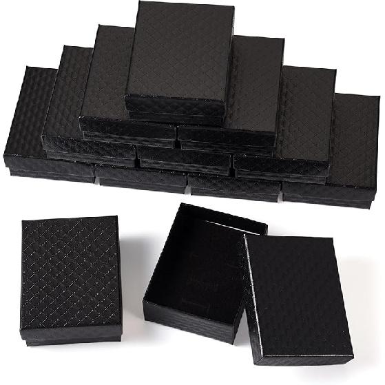 Craftdady 12 vnt. juodos mažos papuošalų dėžutės su deimanto raštu, kartoninės popierinės dovanų dėžutės su dangteliais, karoliukų pakabukai, auskarai, žiedai, tuščios vitrinos dėžutės