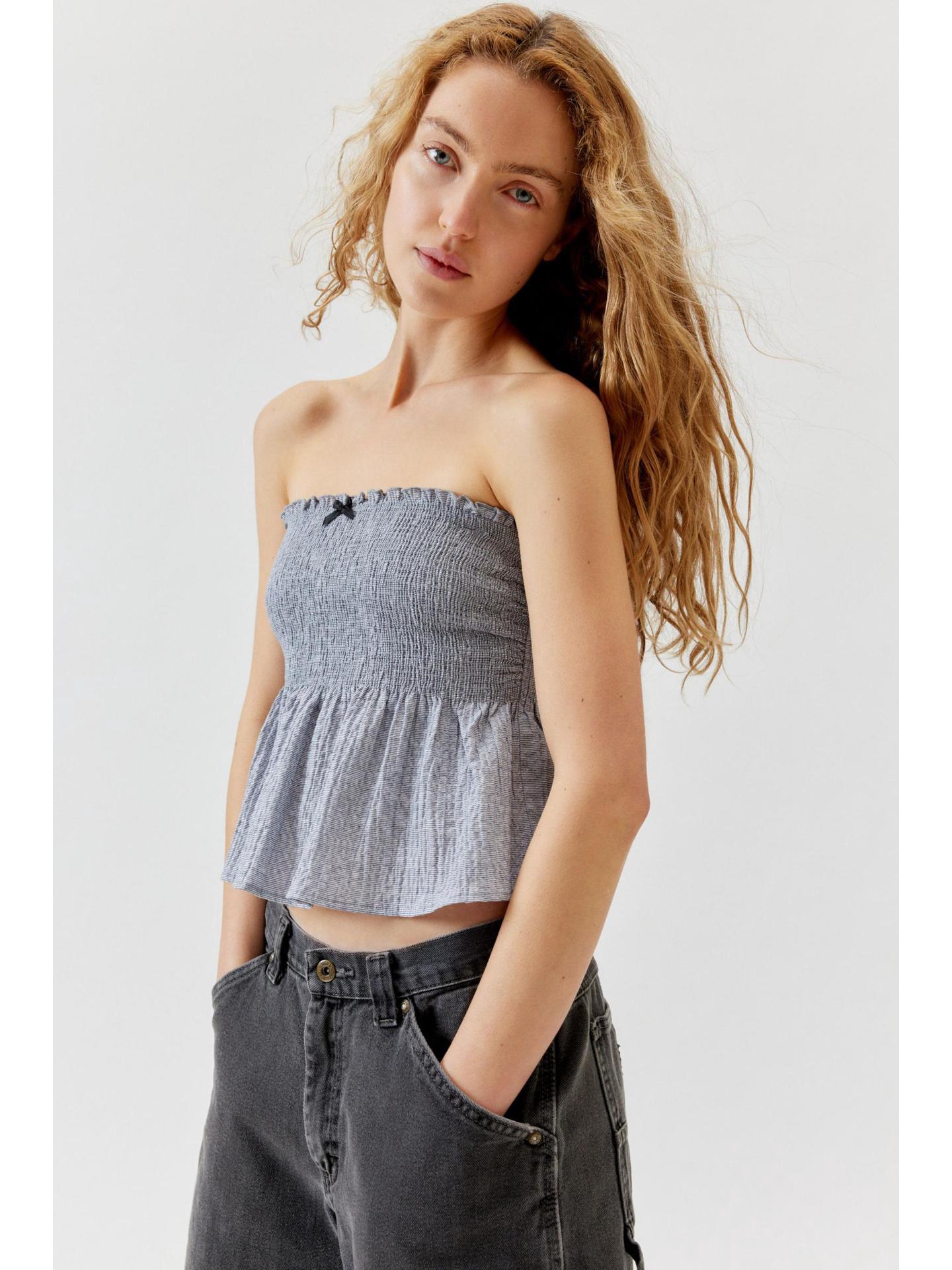 

2024 Осень Европейская и американская мода Женский однотонный топ-бандо с драпировкой S серый