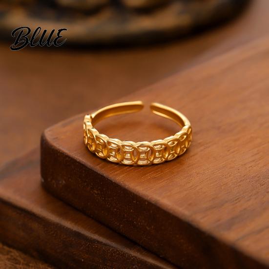 Fortune-Boosting Ring Women Hollow Copper Coin Shape Adjustable Opening Design