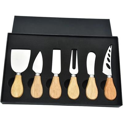 Holz Käsemesser Geschenkset 6-teilig, Edelstahl Käsehobel Käseschneider Kollektion mit Geschenkbox. (Eichengriff)