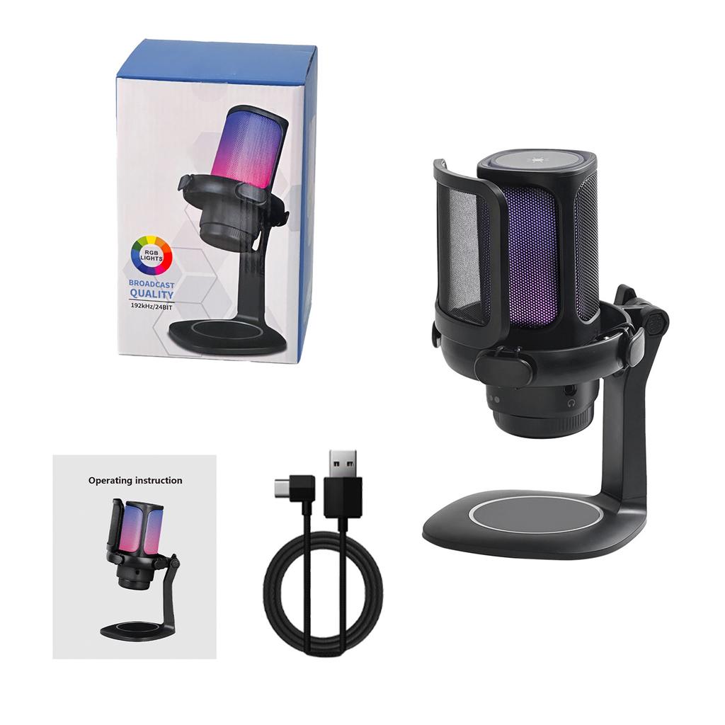 Game microphone USB computer recording microphone with anti-spray net set RGB lighting capacitor microphone