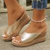 Fashion Women's Gold Slip-On Wedge Sandals Fashion Peep Toe Platform Heel Sandals Woman 2025 Summer Thick Sole Non Slip Beach Slippers