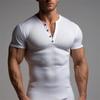 Men's Slim Fit Henley T-shirt: European & American Sports Style, Ribbed, Elastic, Short Sleeve, Solid Color