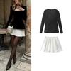 Fall and Winter New Women's Clothing French Style Square Collar Long Sleeve Velvet Tops + High Waist A- Line Pleated Short Skirt Two-piece Set
