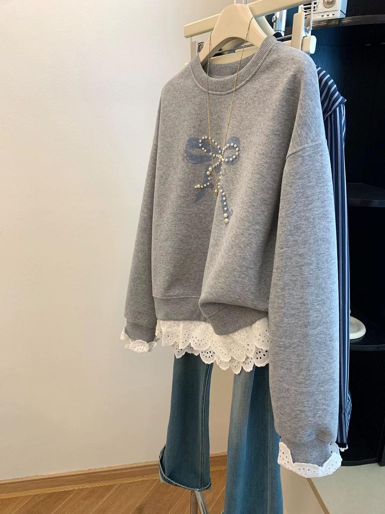 True Extra-Large Beaded Bowknot Hoodie - Cotton, 240 Jin, Age-Reducing, Plus Velvet Patchwork Lace Trim