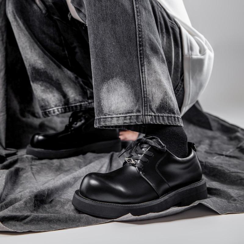 Niche soft leather big head Derby shoes men's business black round head platform small leather shoes heightening versatile commuter trendy shoes