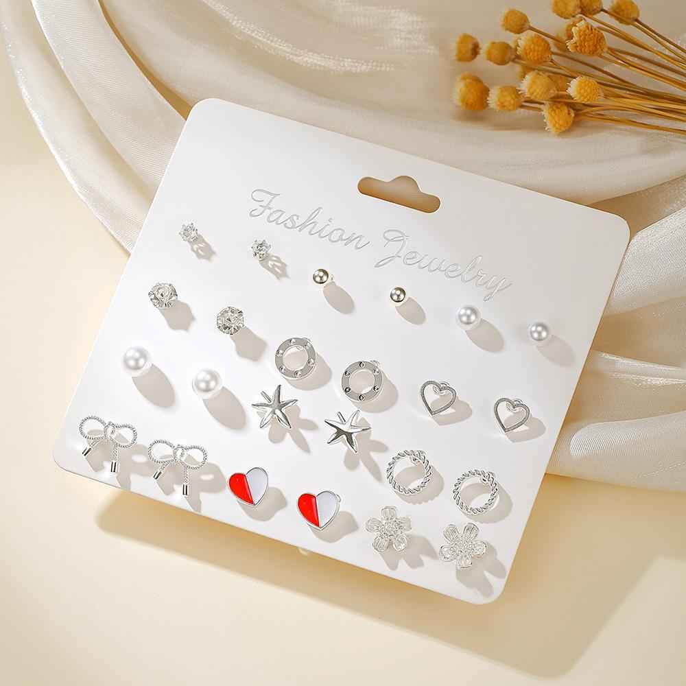Versatile geometric love stud earrings set, women's high sense 9-piece set, European and American new ins exquisite fashion earrings