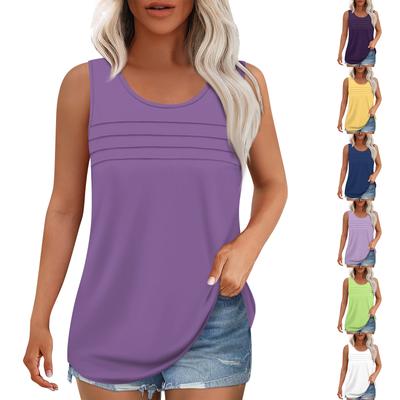 Camiseta sin mangas para mujer, conjuntos de verano, blusas sin mangas, camisas casuales sueltas, escote redondo, frente plisado