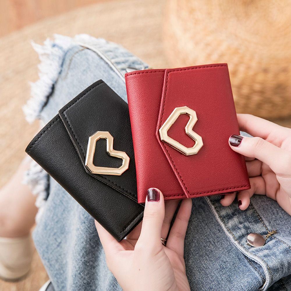 Fashion PU Leather Square Trifold Wallet 5 Colors Heart-Shaped Short Wallet Coin Purse Women Girls