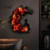 Unique Holiday Gift Halloween Black Cat Moon Wreath, Gothic Crescent Wreath with Floral Artificial Rose Flowers for Home Front Door Porch Wall