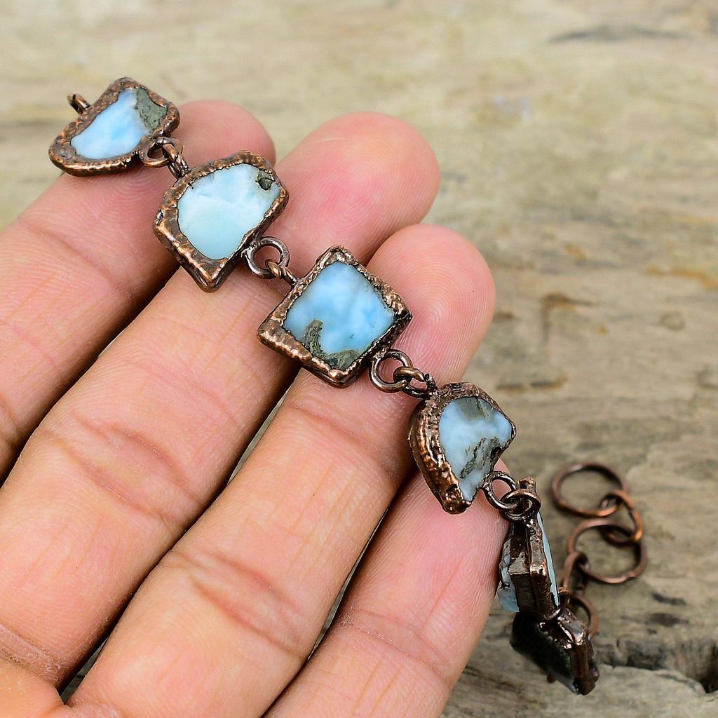 Larimar Rough Bracelet Electroformed Copper Bracelet Adjustable Chain Bracelet Electroformed Jewelry Handmade Gemstone Bracelet Gift For Her