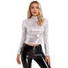 Womens Metallic Long Sleeve T-Shirt Fashion Shiny Top Slim Fit Mock Neck Tops Cocktail Dancing Party Club Music Festival Costume